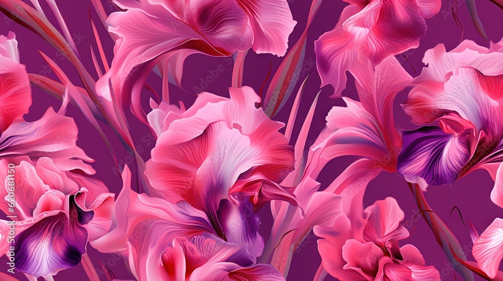  a bunch of pink flowers are on a purple background with pink leaves and stems in the center of the 