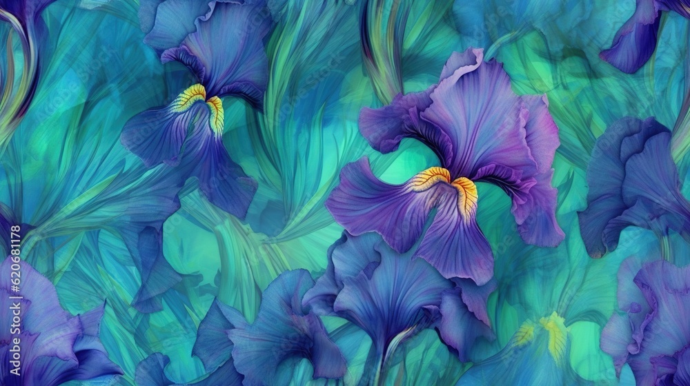  a painting of purple flowers on a green and blue background with a yellow center in the middle of t