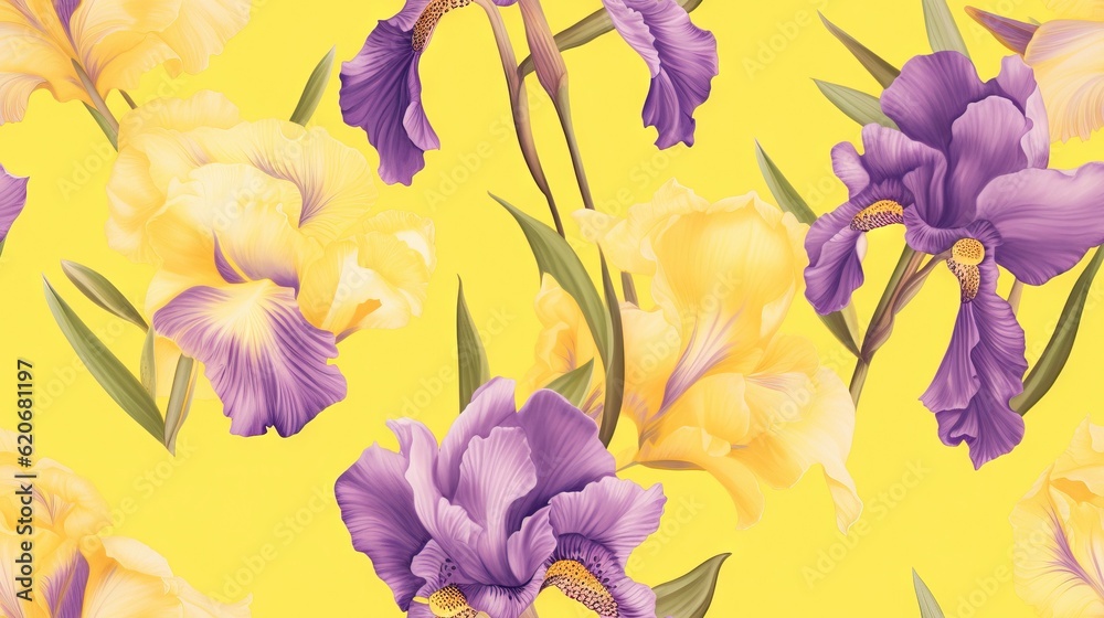  a yellow and purple flower pattern on a yellow background with green leaves and stems in the center
