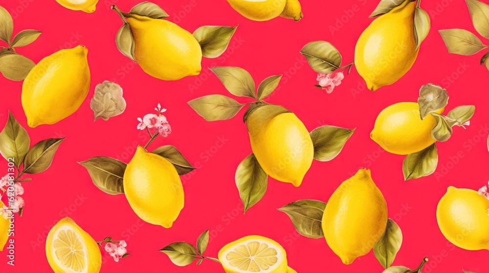  a painting of lemons with leaves and flowers on a red background with pink flowers and green leaves