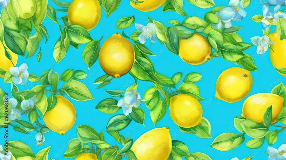 a painting of a bunch of lemons on a blue background with white flowers and green leaves on the bra