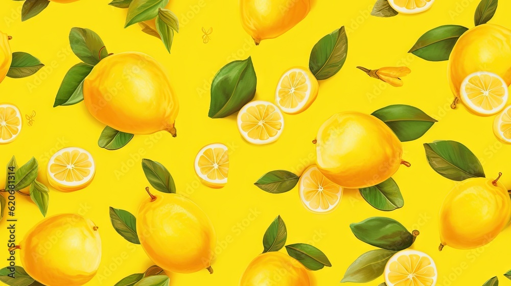  a yellow background with lemons and leaves on a yellow background with green leaves and lemons on t