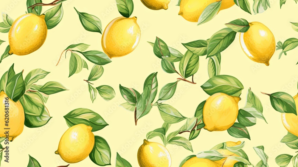  a painting of lemons with leaves on a yellow background with green leaves on the branches and on th