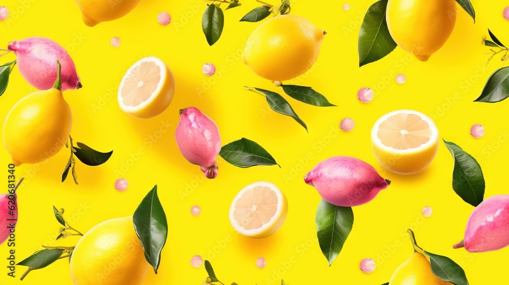  a yellow background with lemons and leaves on a yellow background with pink and green leaves on the