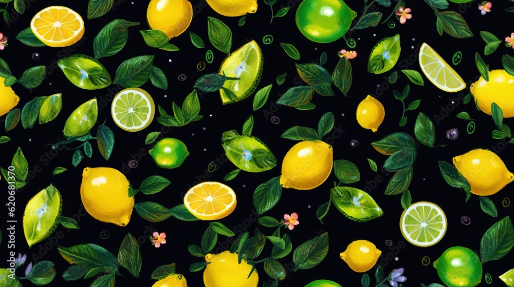  a painting of lemons and limes with leaves and flowers on a black background with green leaves and 