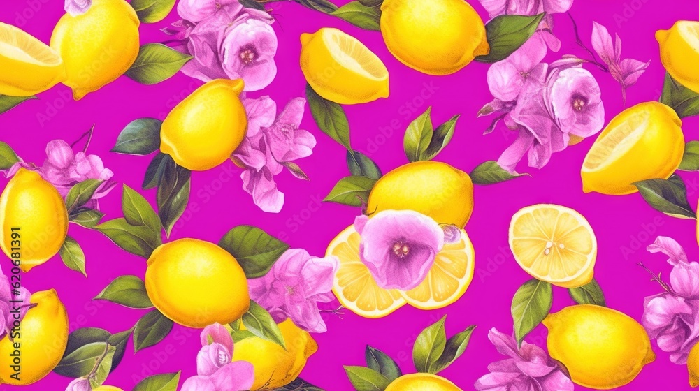  a bunch of lemons and flowers on a purple background with pink flowers and green leaves and a pink 