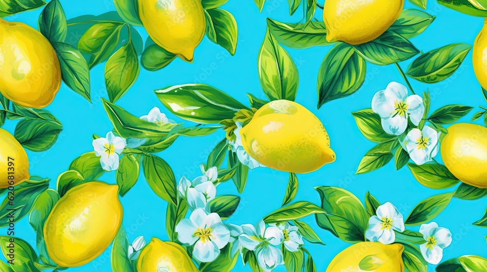  a painting of lemons with flowers and leaves on a blue background with a blue sky in the back groun