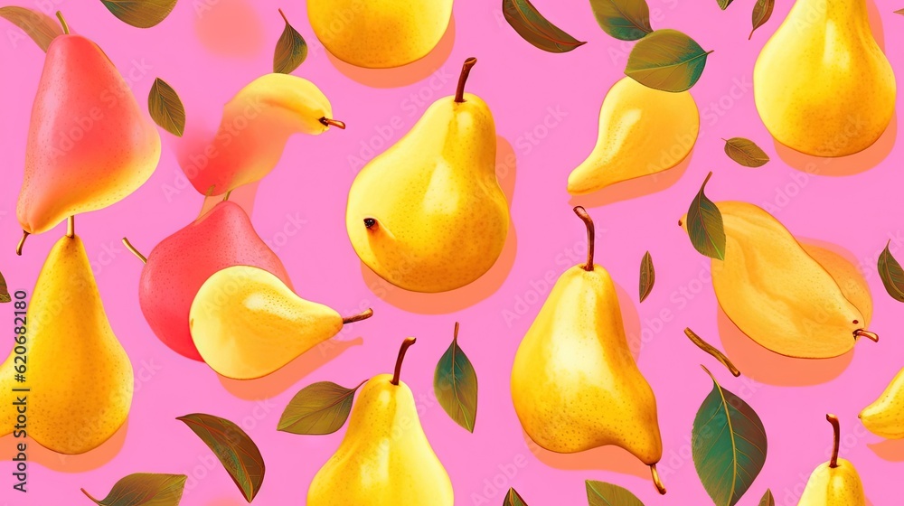  a group of pears and pears with leaves on a pink background with a pink background and a pink backg