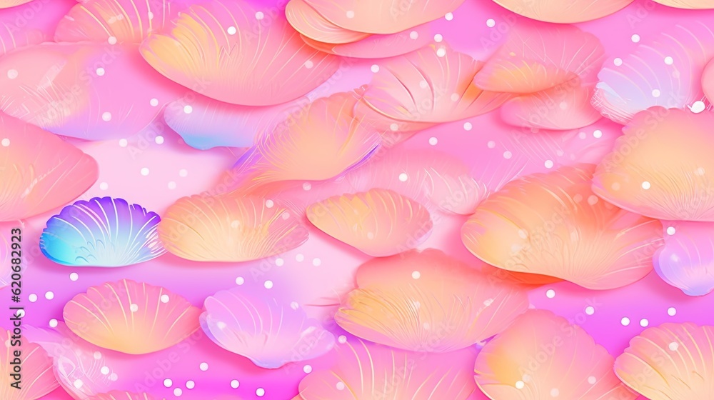  a colorful background with shells and bubbles in pastel pink and yellow colors, with a blue shell i