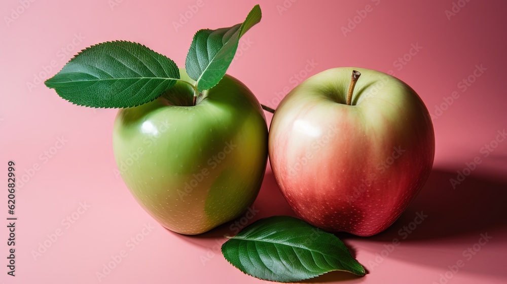  two green and red apples with leaves on a pink background with a pink background and a green apple 