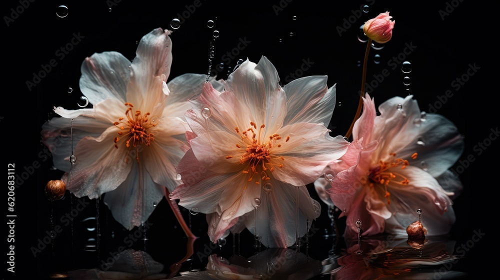  three pink flowers with water droplets on a black background with a reflection of the flowers in th