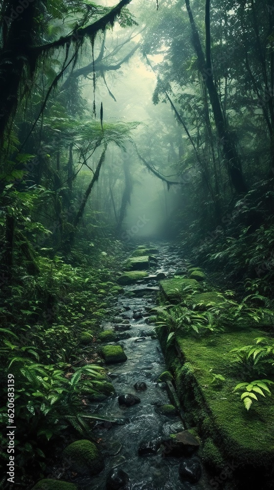  a stream running through a lush green forest filled with trees and ferns on a foggy day in the midd