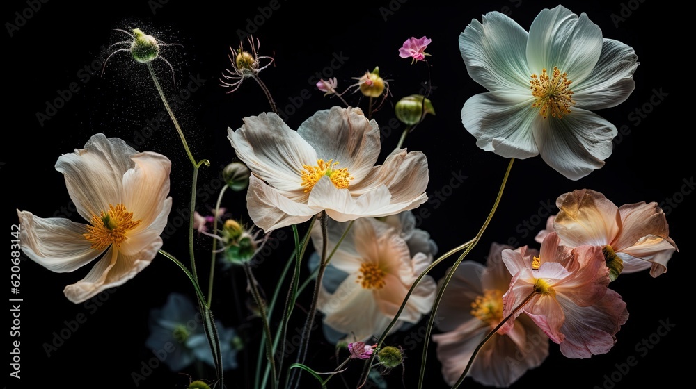  a bunch of flowers that are on a black background with a spider in the middle of the picture and a 