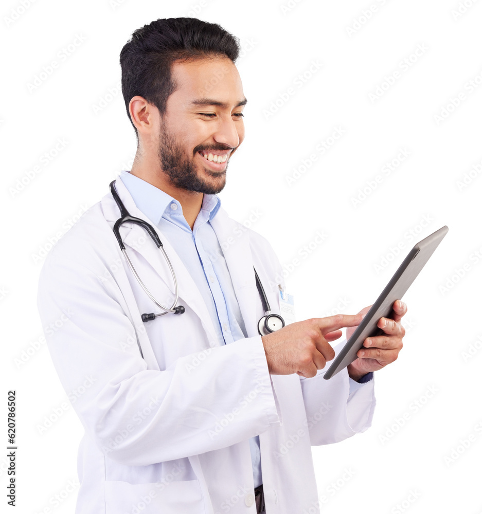 Research, smile and asian man or doctor with tablet for reading in png or transparent and isolated b