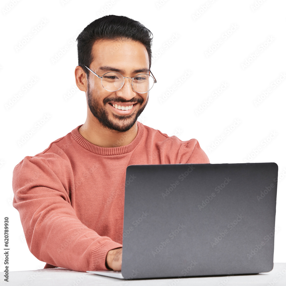 Asian man, laptop and smile with business work and typing email isolated on a transparent, png backg