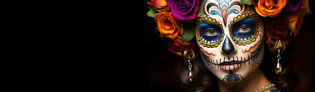 节日的墨西哥传统：为亡灵节横幅绘制彩色面部纹身的女人，带有黑色空白复制空间用于文本或设计