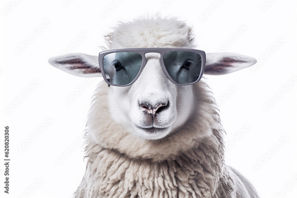 A Sheep, Funny sheep wearing sunglasses isolated on white background. Generative AI