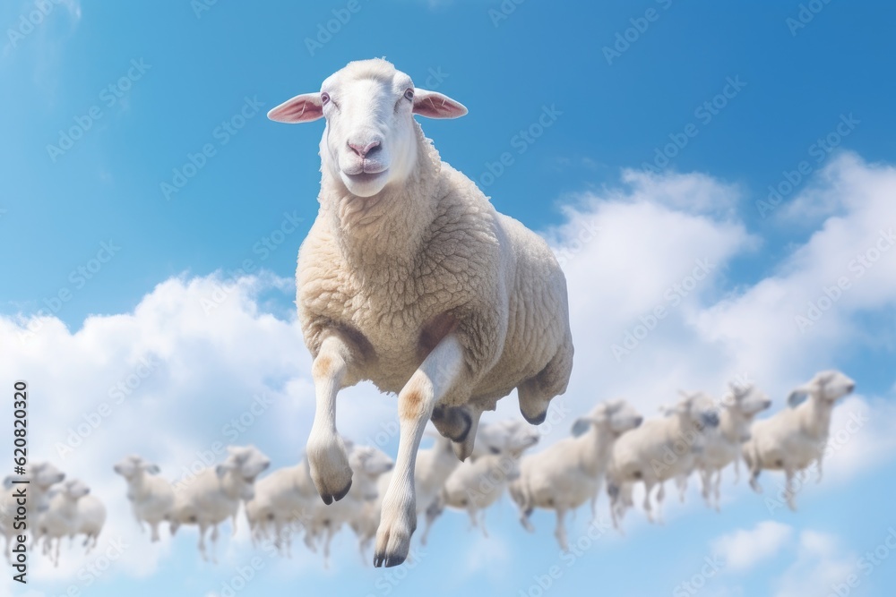 A Sheep, Flying sheep on blue sky background. Generative AI