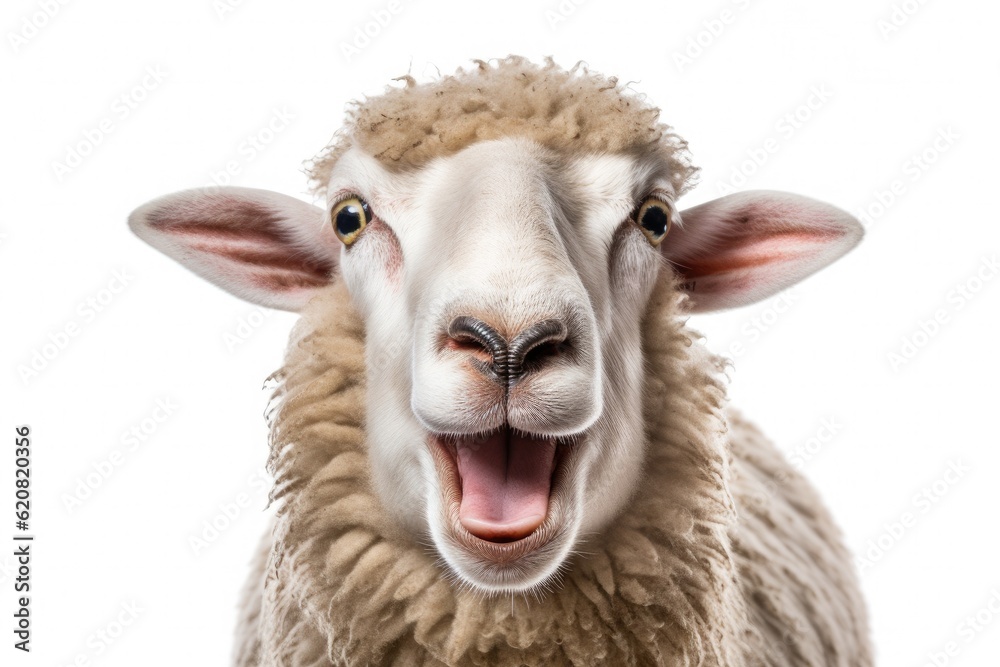 A Sheep, Funny sheep. Portrait of sheep showing tongue isolated on white background.Generative AI