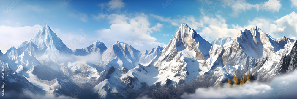 A majestic mountain range covered in snow, with clear blue skies above. Majestic beauty of of snow-c