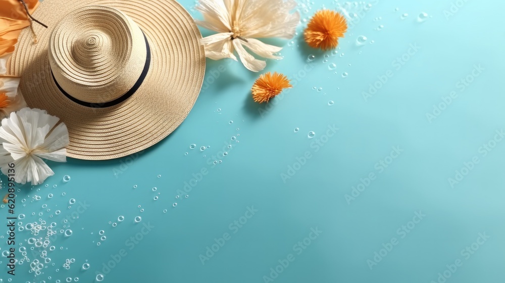 Beautiful summer straw hat and water drops, Blue summer fashion and accessories on blue copy space.