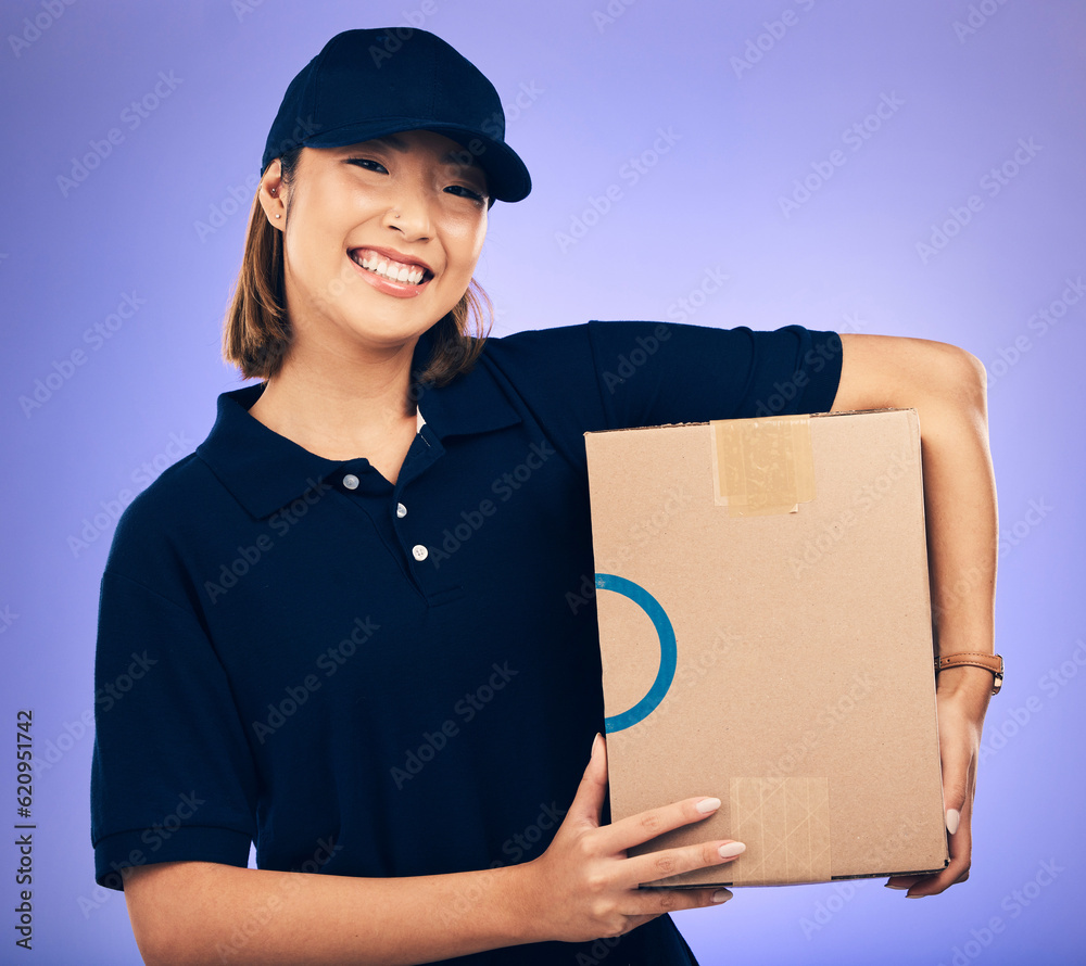 Delivery, box and woman, shipping and portrait, smile with e commerce and supply chain on purple bac