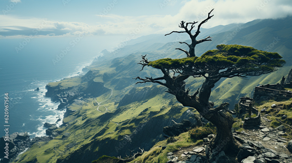 tree in the mountains HD 8K wallpaper Stock Photographic Image