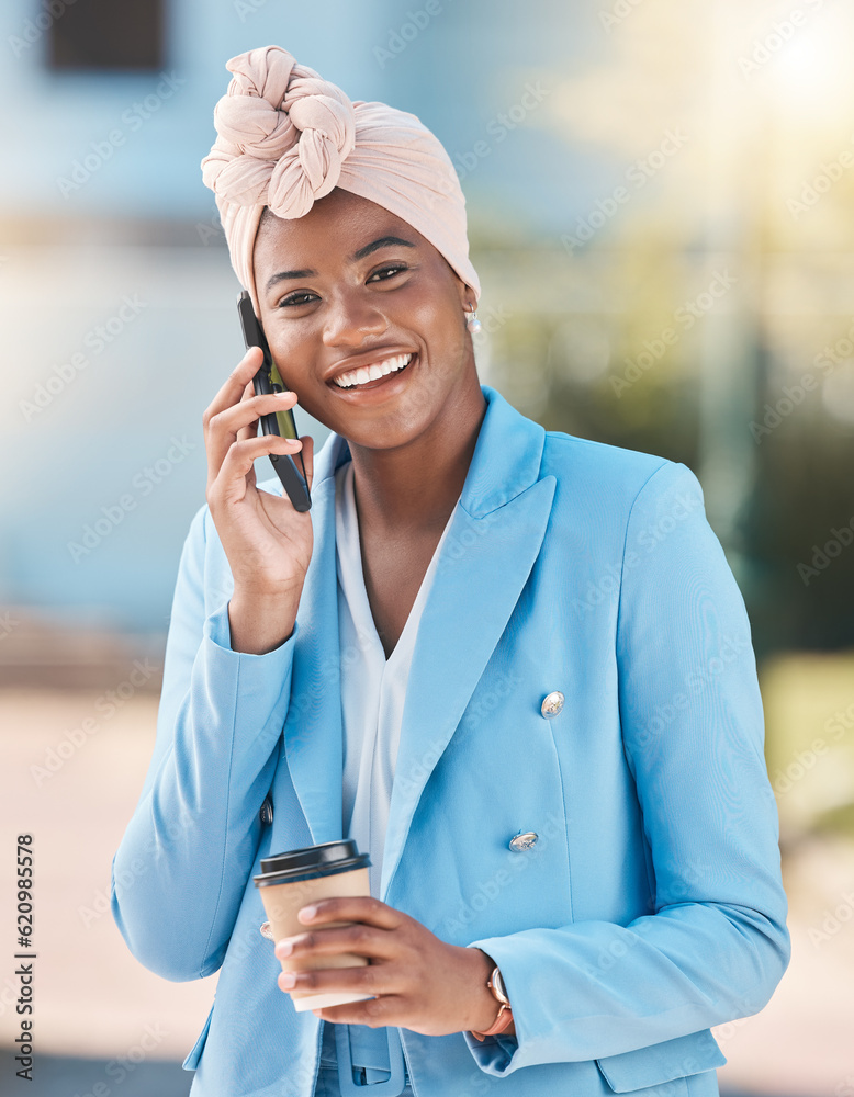Portrait, phone call and black woman with coffee in city for communication with business contact. Af