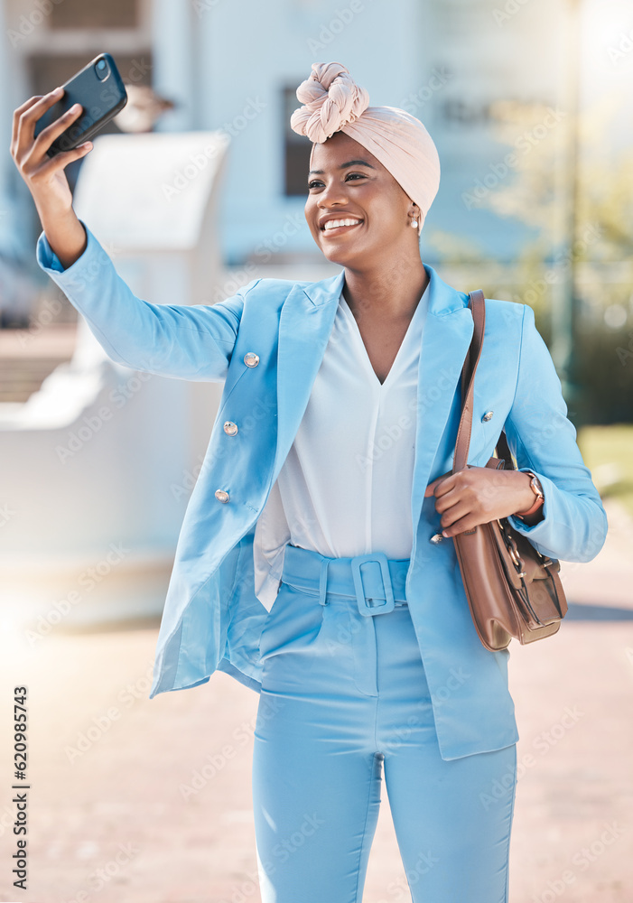 Black business woman, selfie and smile in street with fashion, beauty and post for social network ap