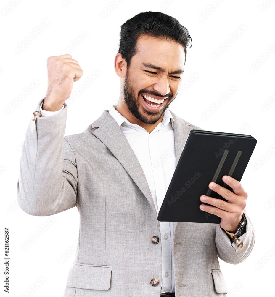 Business man with tablet, winning news and fist pump with yes, success and happy on transparent png 