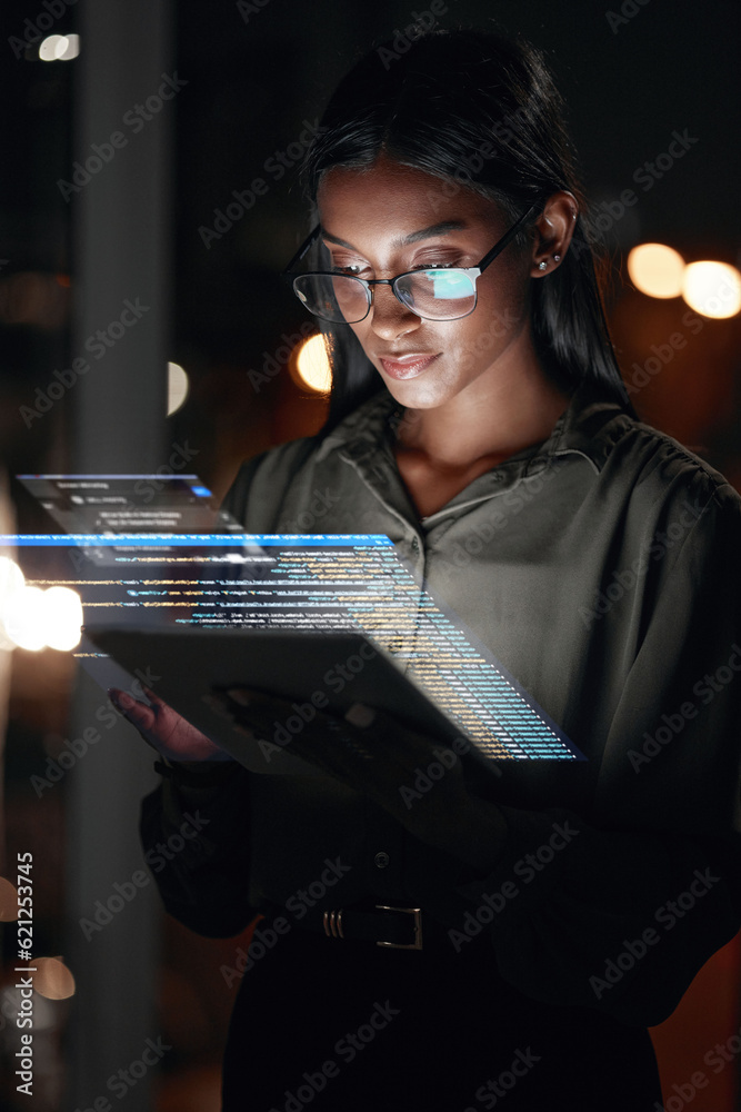 Woman, tablet and hologram at night in web design with dashboard, interface or hud display at the of