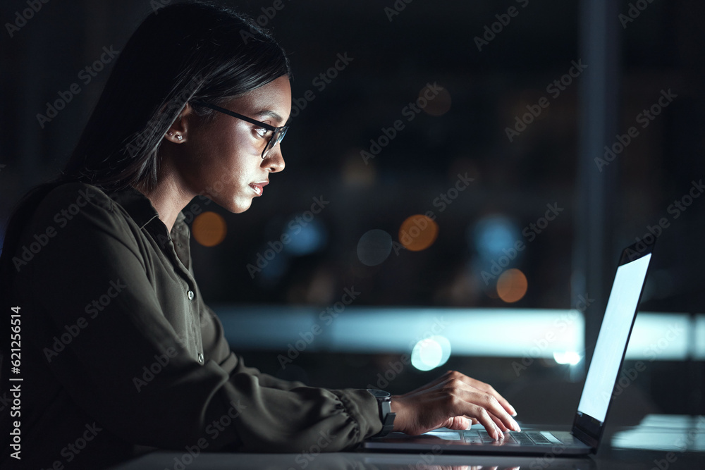 Laptop, research and business woman in coding, software development and programming for night cybers