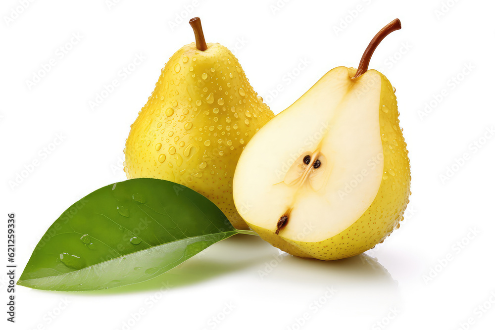 Chinese pear with cut in half and leaves isolated on white background. (ai generated)
