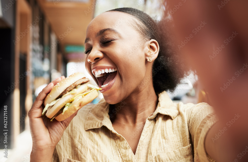 Burger, eating and woman in selfie, city and restaurant outdoor promotion, social media and live str