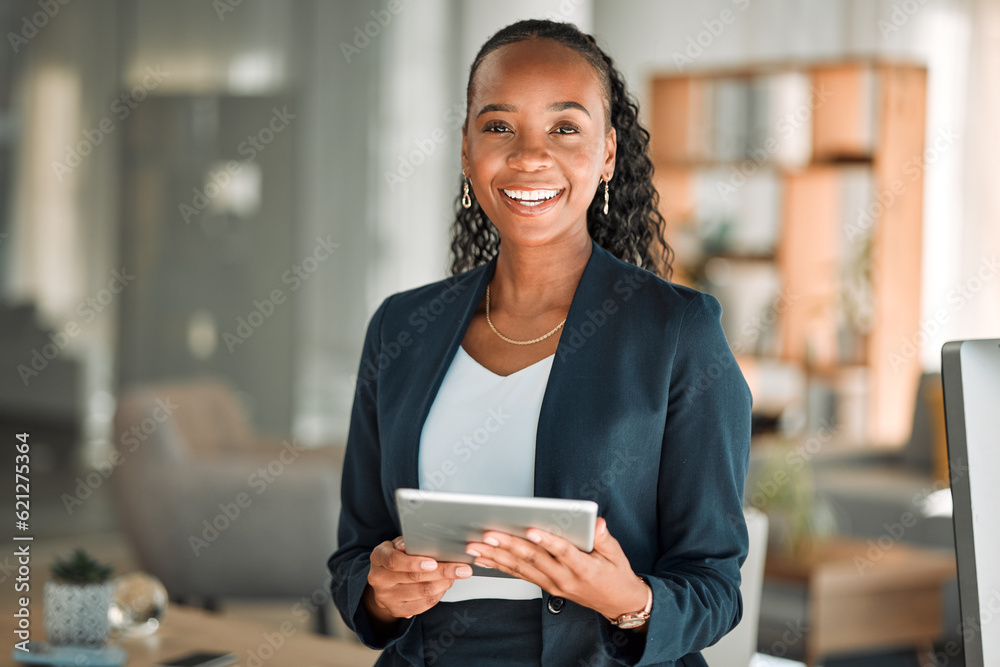 Portrait, lawyer and black woman with tablet, smile and happy in office workplace. African attorney,