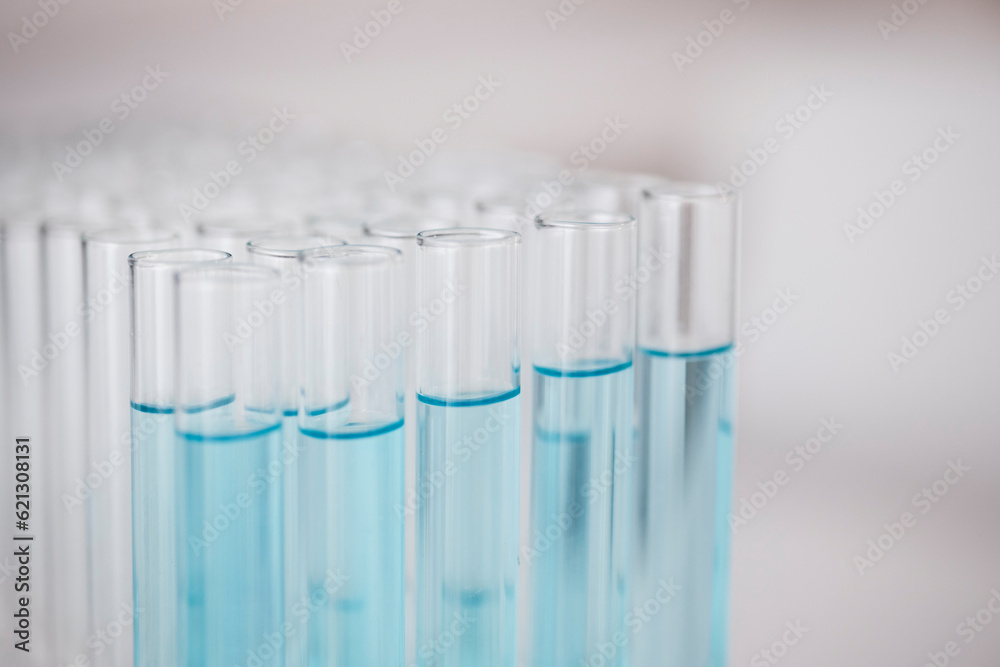 Test tube, blue chemical and closeup, chemistry and science study in lab, sample and medical researc