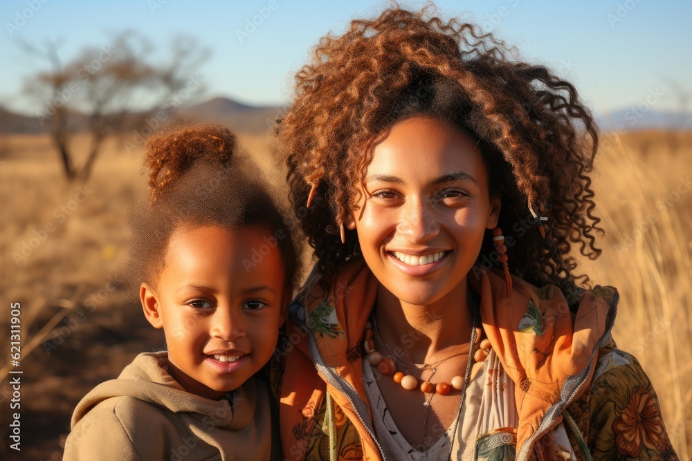 Portrait of happy African mother and daughters having fun at outdoor