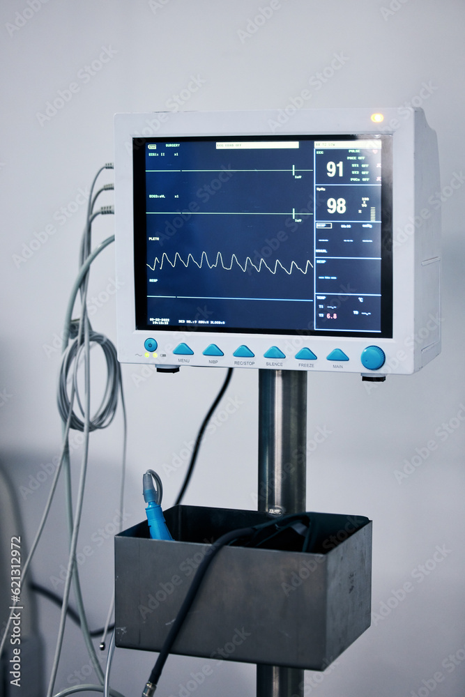 Medical monitor, heart machine and healthcare, cardiology and equipment with stats and vitals in hos