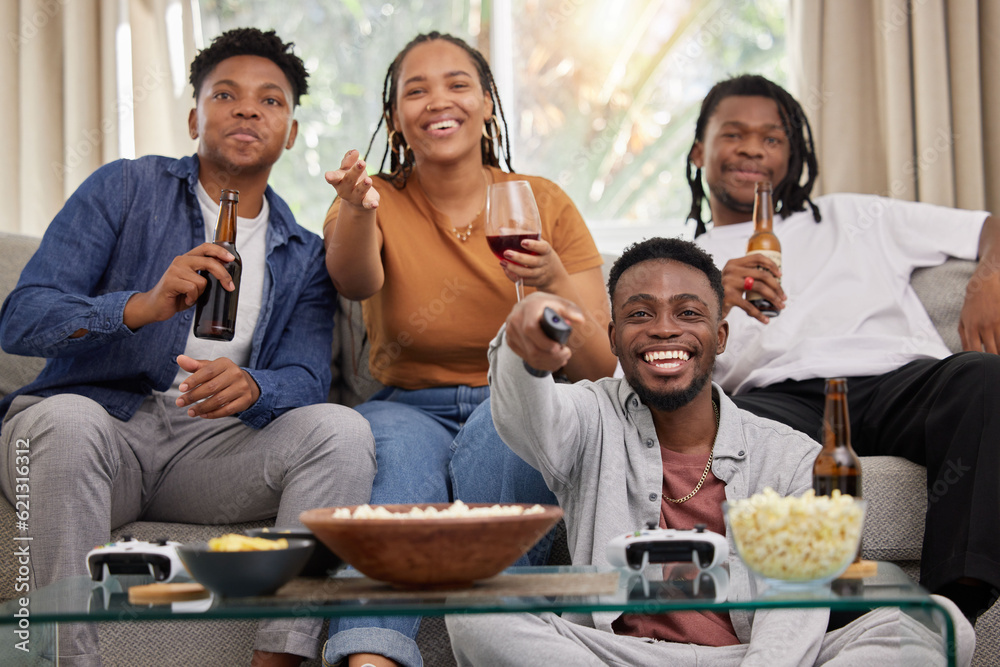 Relax, television and friends on a sofa with beer and popcorn for movie, film or streaming in their 