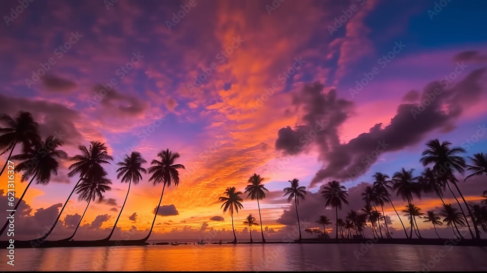 Sunset over the sea - Silhouette coconut palm trees: stunning sunset landscape with colorful clouds,