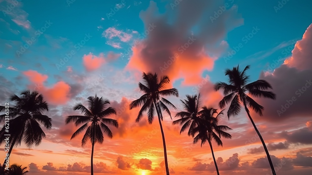 Silhouette of coconut palm trees in a breathtaking sunset: A stunning nature landscape with vibrant 