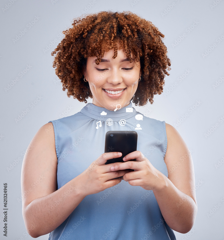 Social media icon, phone and business woman in studio online for text message, internet chat and mob