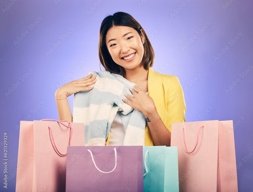 Shopping bag, portrait and woman for clothes sale, discount or giveaway promotion on studio, purple 