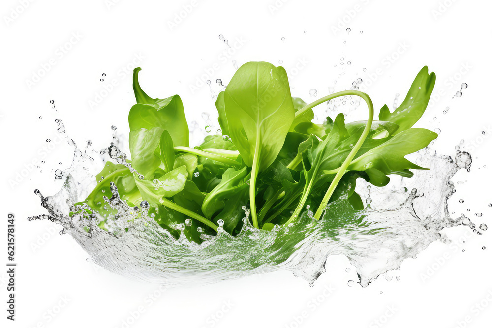 Flying Salad Leaves isolated on white background. Fresh mixed salad with arugula, lettuce, spinach a