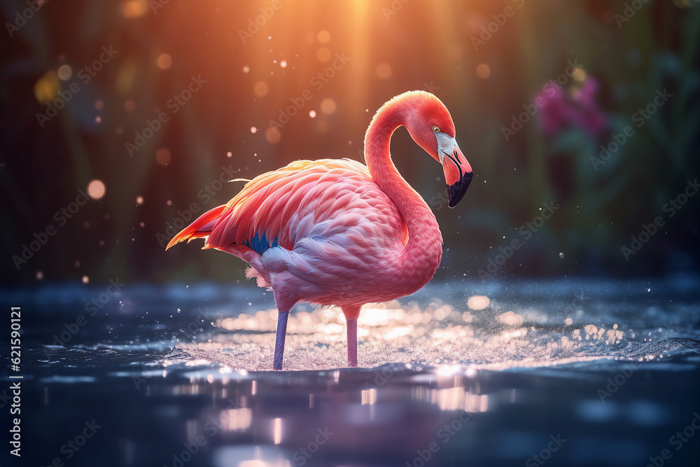 Picture generated by ai collage image of pink flamingo standing in glitter glowing water magic pond 