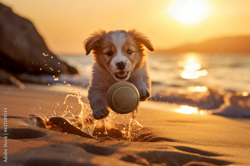 Beauty generated ai picture image collage of cute sweet puppy running fast catch ball in tropical pa