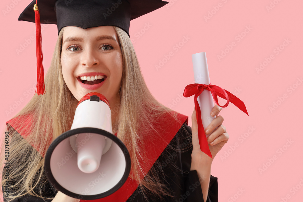 Female graduate student with diploma shouting into megaphone on pink background, closeup