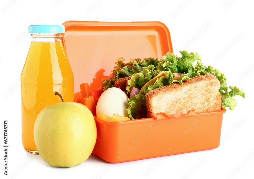 Bottle of juice, apple and lunchbox with tasty food isolated on white background