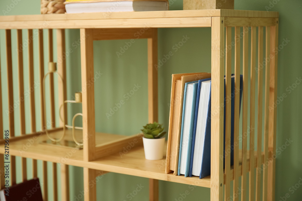 Shelving unit with books near green wall in room, closeup