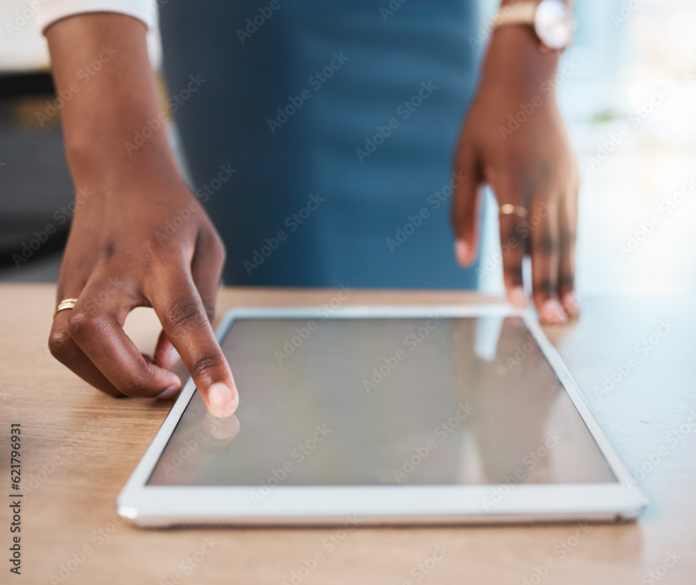 Mockup, digital tablet and business woman with hand on screen in office for design, research or app 